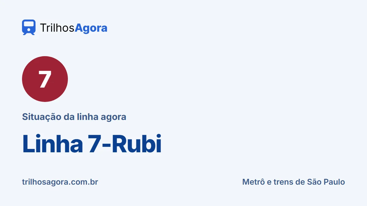 Arte com o número e o nome da Linha 7-Rubi, do metrô e trens de São Paulo, com a situação da linha agora no TrilhosAgora